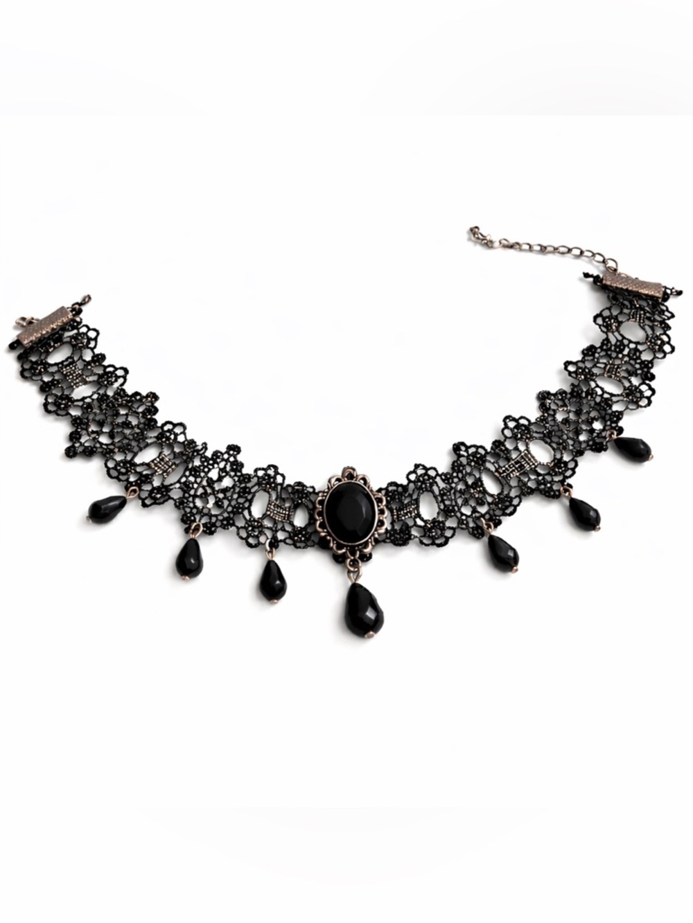 Black Lace Choker Necklace with Teardrop Beads